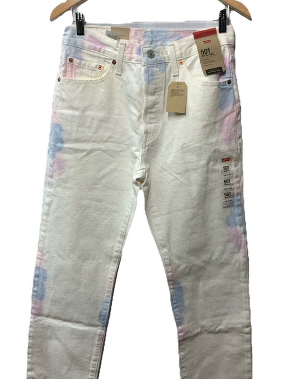 Levi's 501 Jeans Women's White Tie Dye Denim High Rise Straight Leg Size 28x30